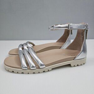Vionic Laurel Flat Sandal Womens 8.5 Metallic Silver Ankle Strap Puffy Leather